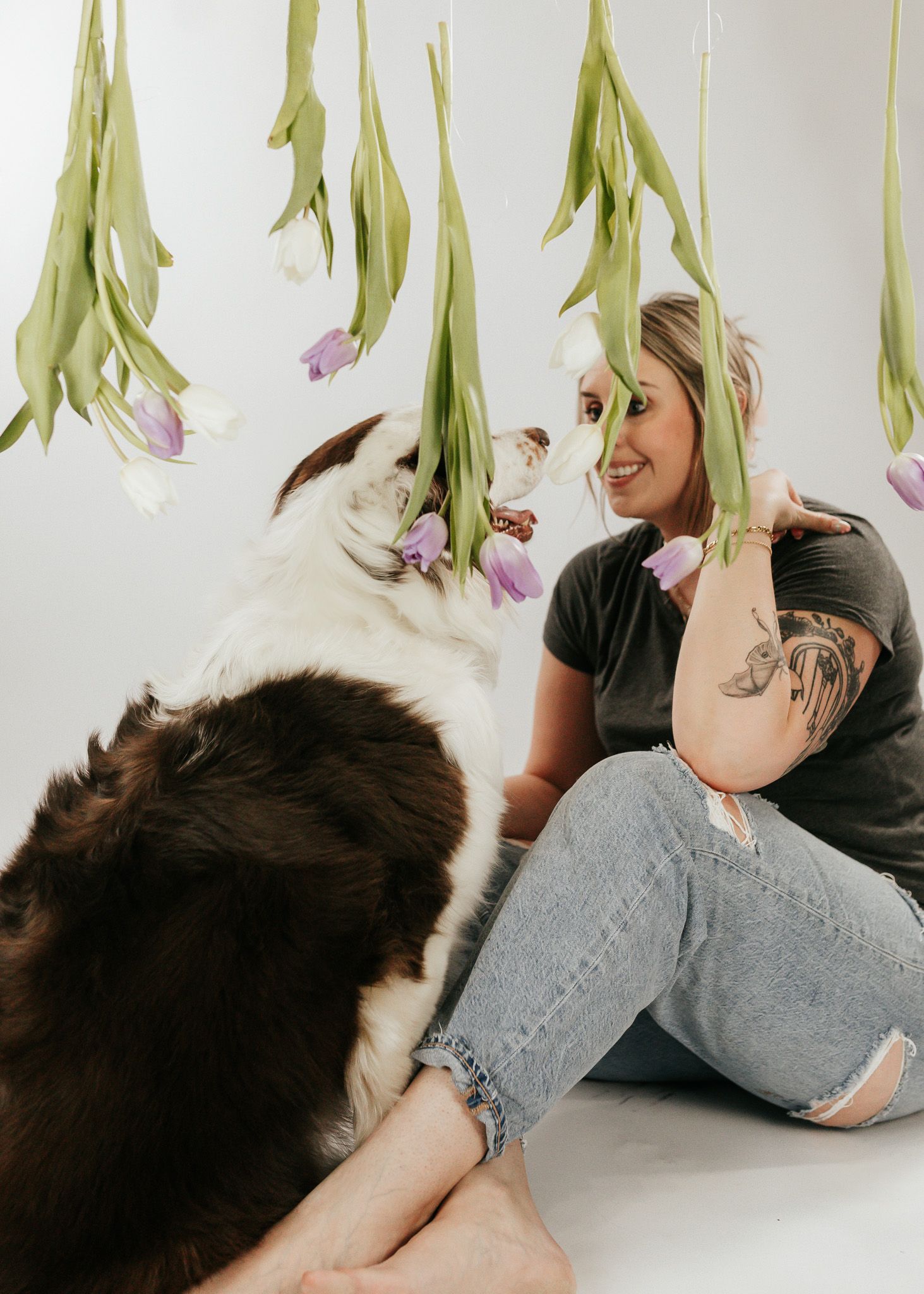 Black and white dog poses playfully with owner under hanging tulips in studio setting.