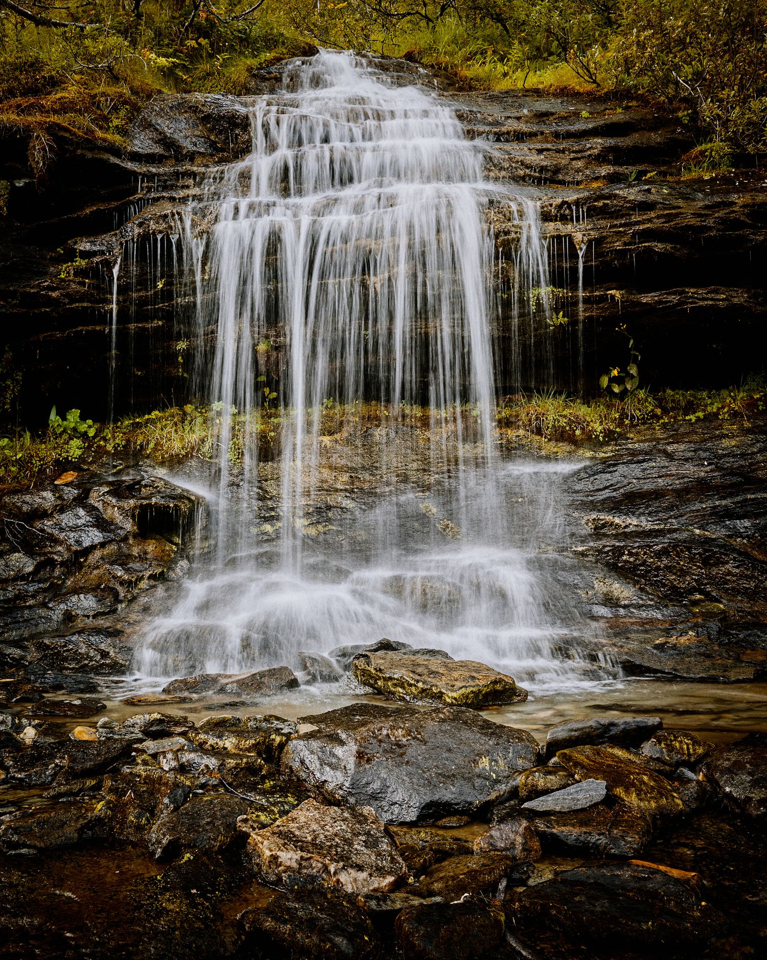 Wide waterfall flowing over layered rock formations in scenic woodland setting.