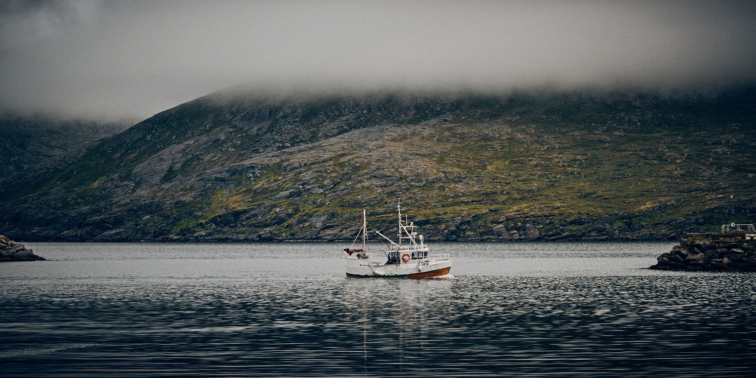 Misty fjord landscape with mountains and a small boat in the distance.