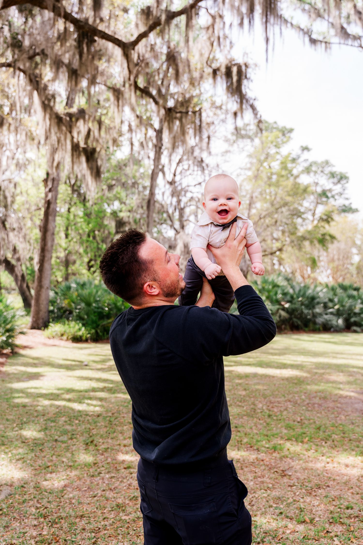 Parent joyfully lifting infant high in air under Spanish moss covered trees.
