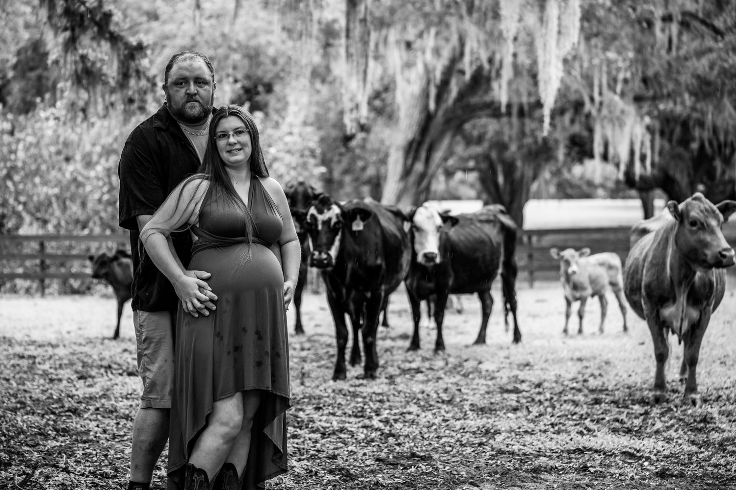 A series of casual black and white photos showing intimate moments between couples in outdoor settings with horses.