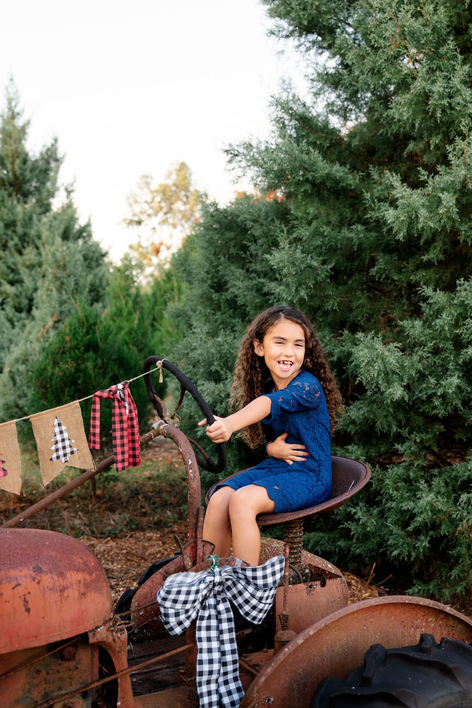 A smiling girl in a blue dress sits on a vintage red tractor at a Christmas tree farm.
