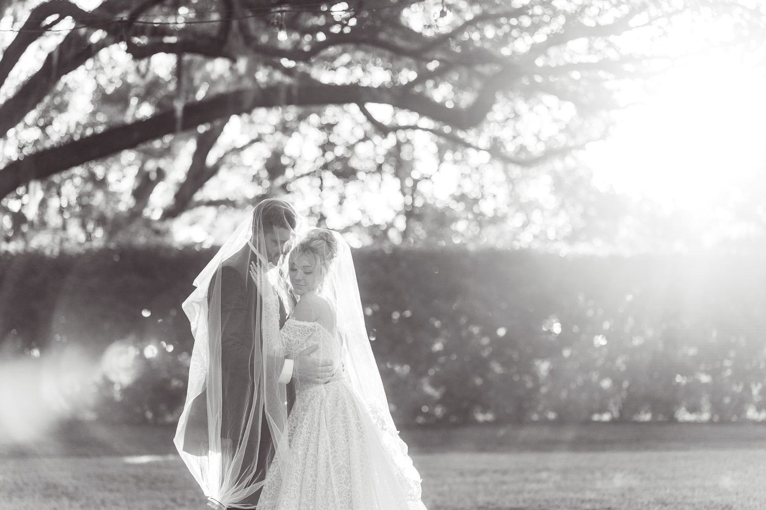 A black and white wedding photo capturing a romantic moment in sunlit garden.