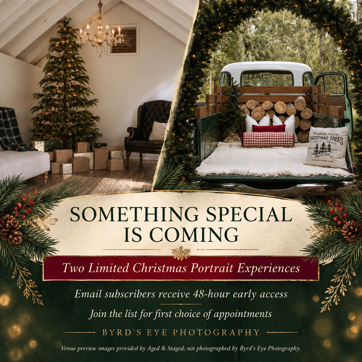 Byrd's Eye Photography Christmas portrait experience announcement with festive holiday settings featuring decorated trees and vintage truck.