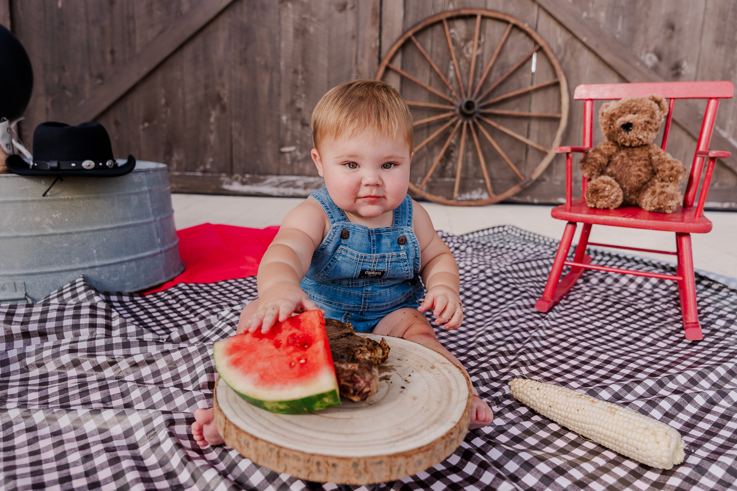 A toddler in denim overalls sits on a checkered blanket with watermelon and teddy bear during a rustic picnic.