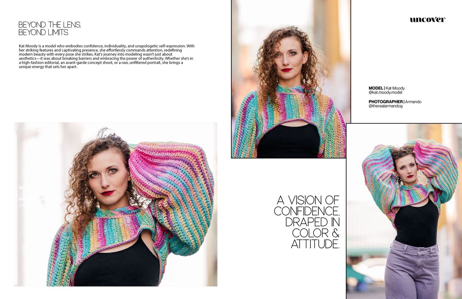 Fashion editorial spread featuring a colorful retro-styled holographic jacket against a white studio backdrop.