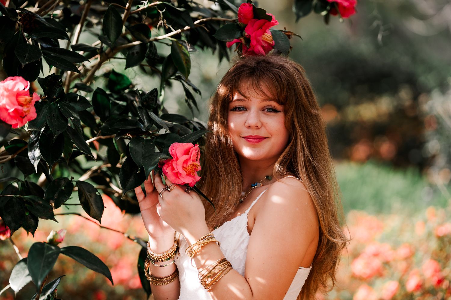 Portrait session with bright red camellia flowers blooming in garden setting.