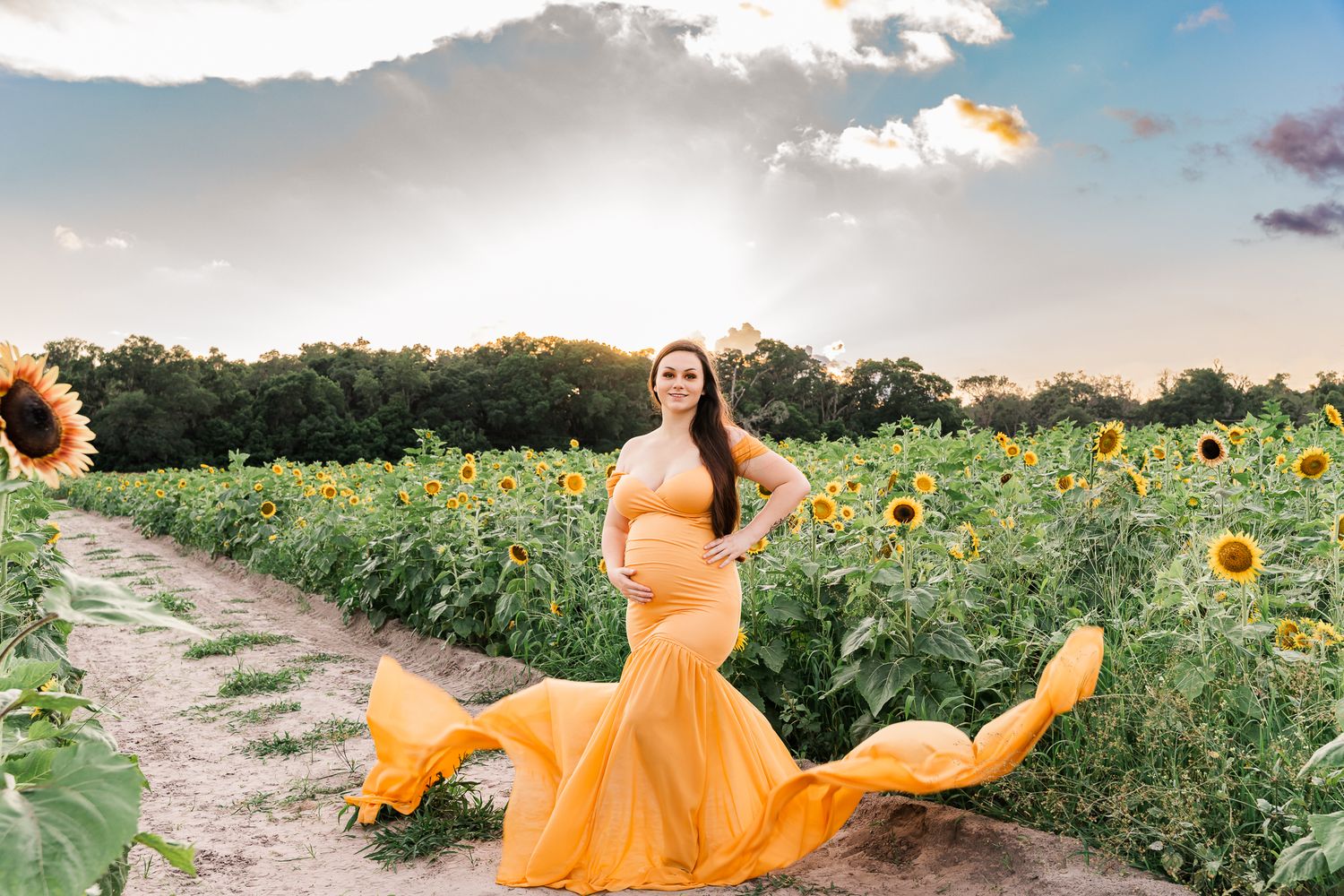 A dreamy collage of someone in a flowing orange dress gracefully moving through a vibrant sunflower field at sunset.