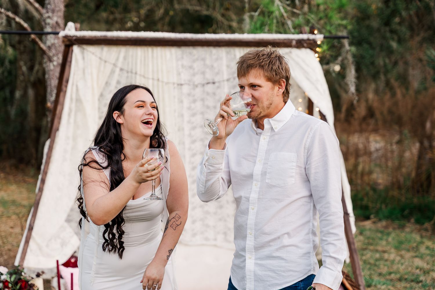 A series of candid wedding photos showing romantic moments between a bride and groom in an outdoor setting.