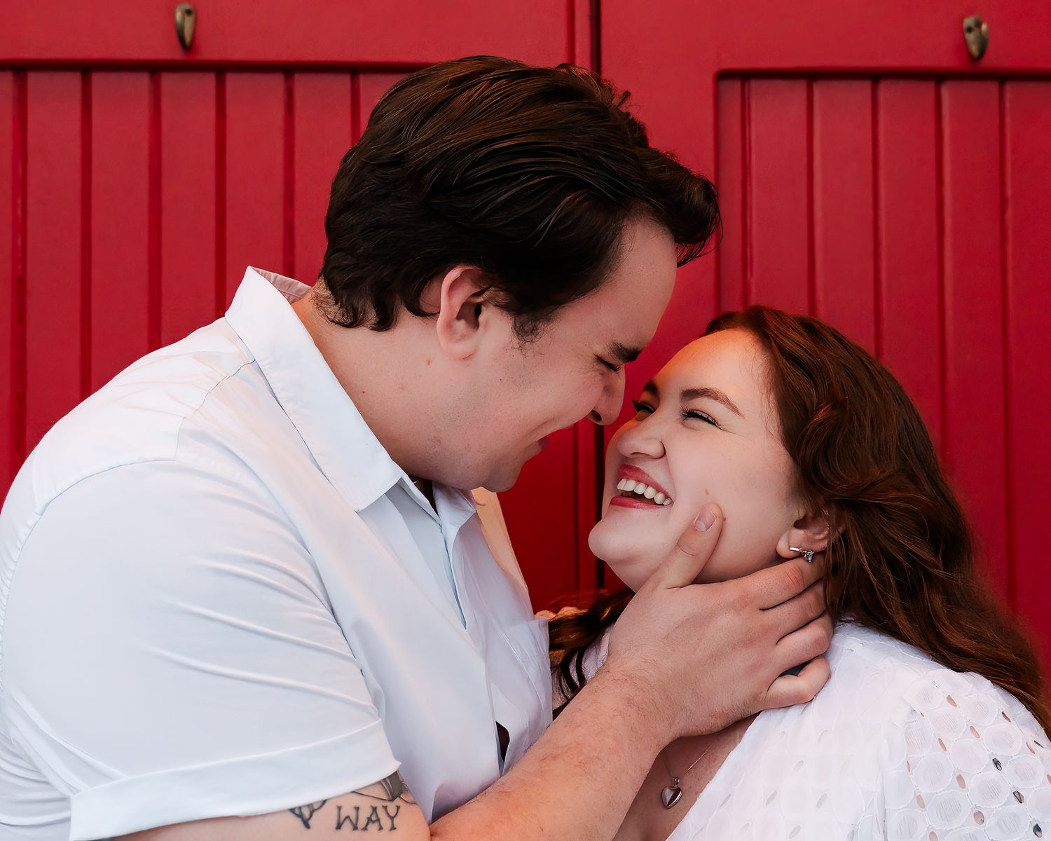 A series of four romantic kissing photos against a red background showing couples in intimate moments.