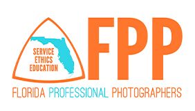 Circular orange and teal logos for Florida Professional Photographers featuring Florida state shapes and lettering.