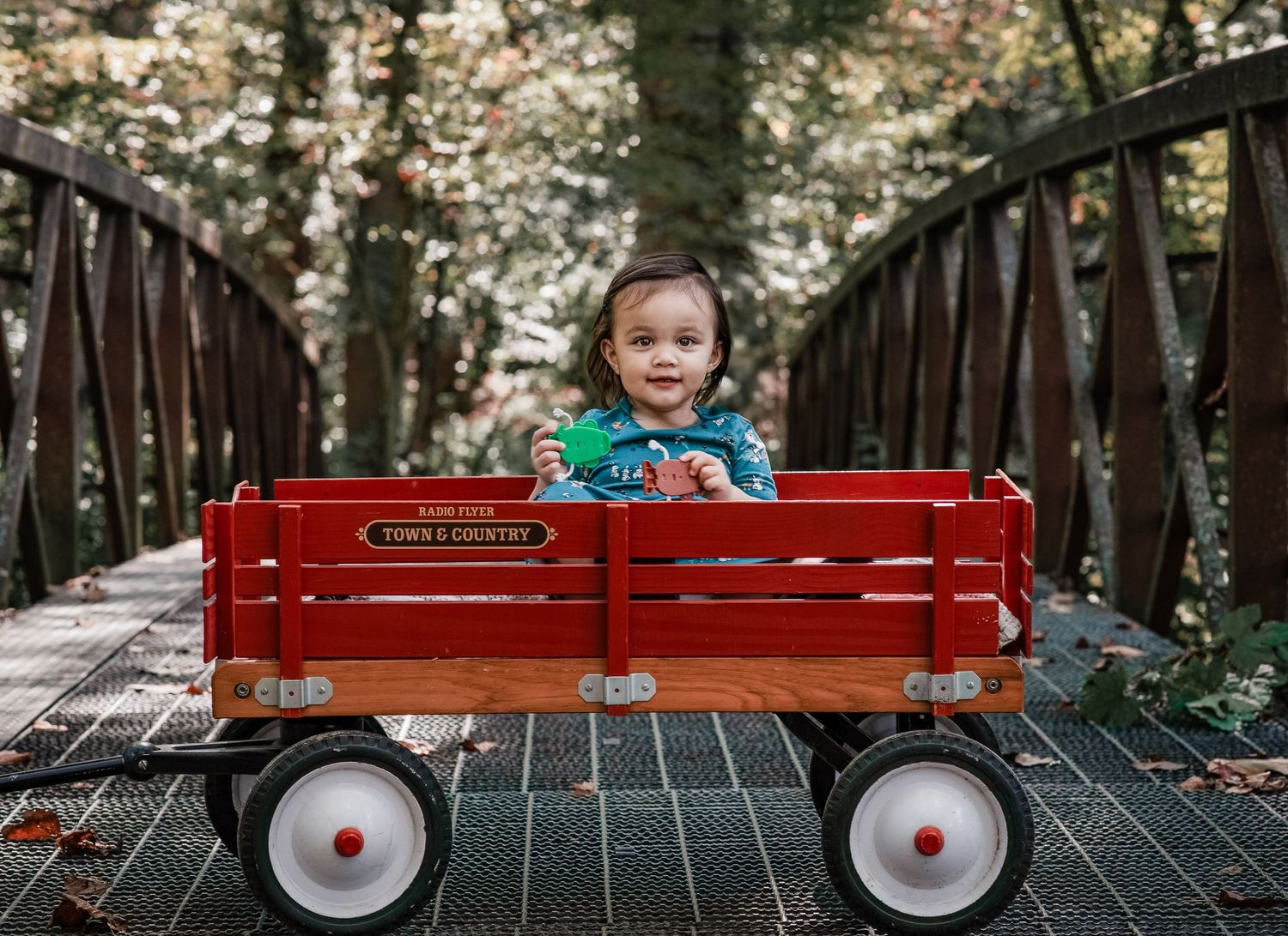 Smiling toddler sitting in a red Radio Flyer Town & Country wagon on a wooden bridge surrounded by trees.