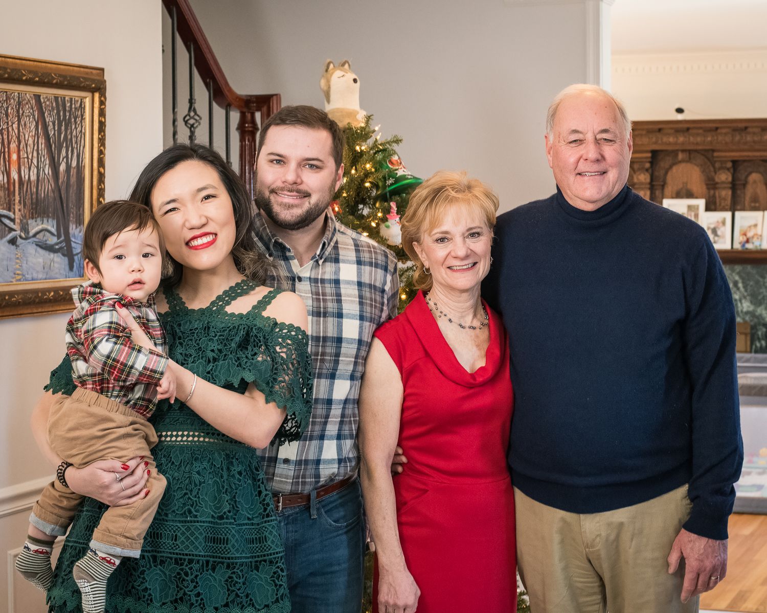 A series of family photos showing holiday gatherings and warm moments in a home setting.