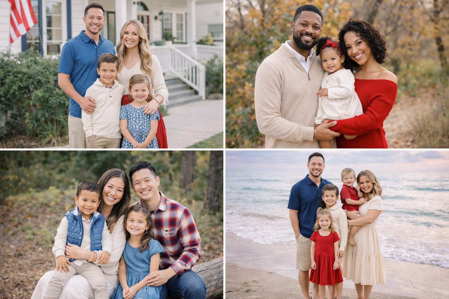 A collection of four outdoor family portrait photos showing groups in coordinated outfits at different scenic locations.