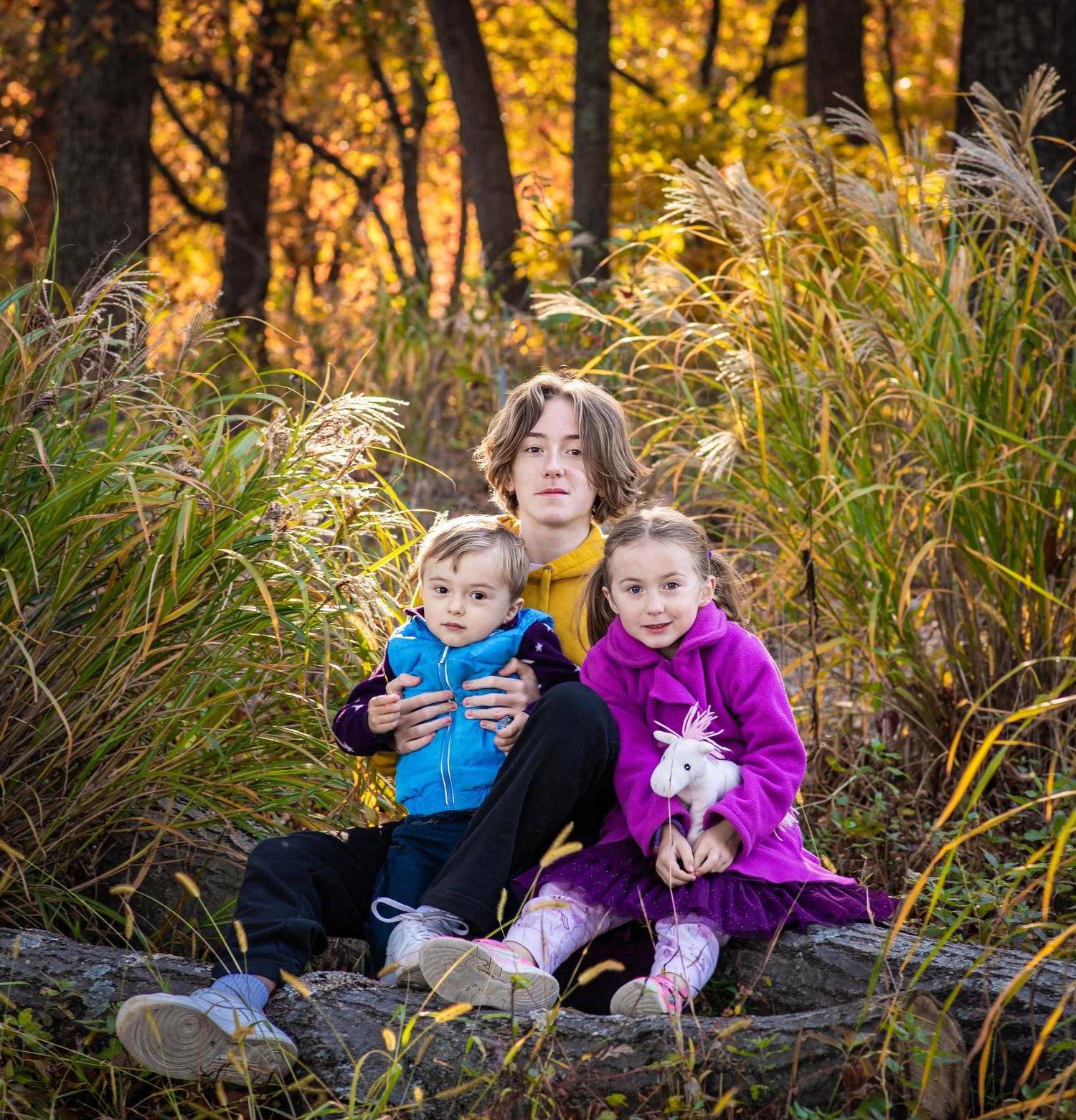 Two children sit together on fallen logs in an autumn forest setting with golden sunlight filtering through trees.
