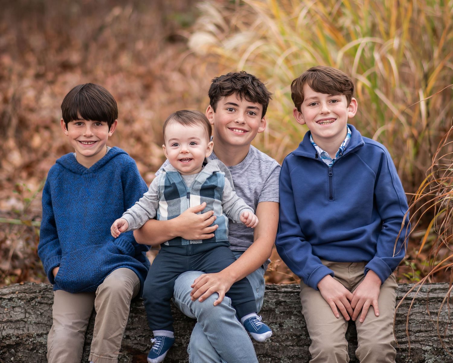 Four siblings wearing blue sweaters sit together outdoors against a backdrop of autumn grasses for a family portrait.