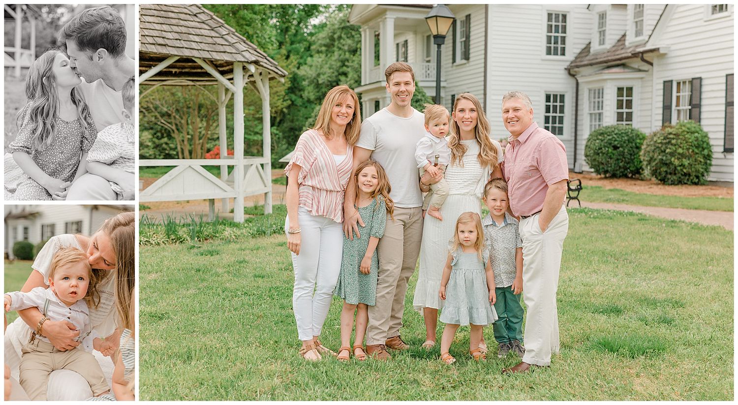 A family wearing coordinated pastel outfits poses together on a grassy lawn in front of a white house.