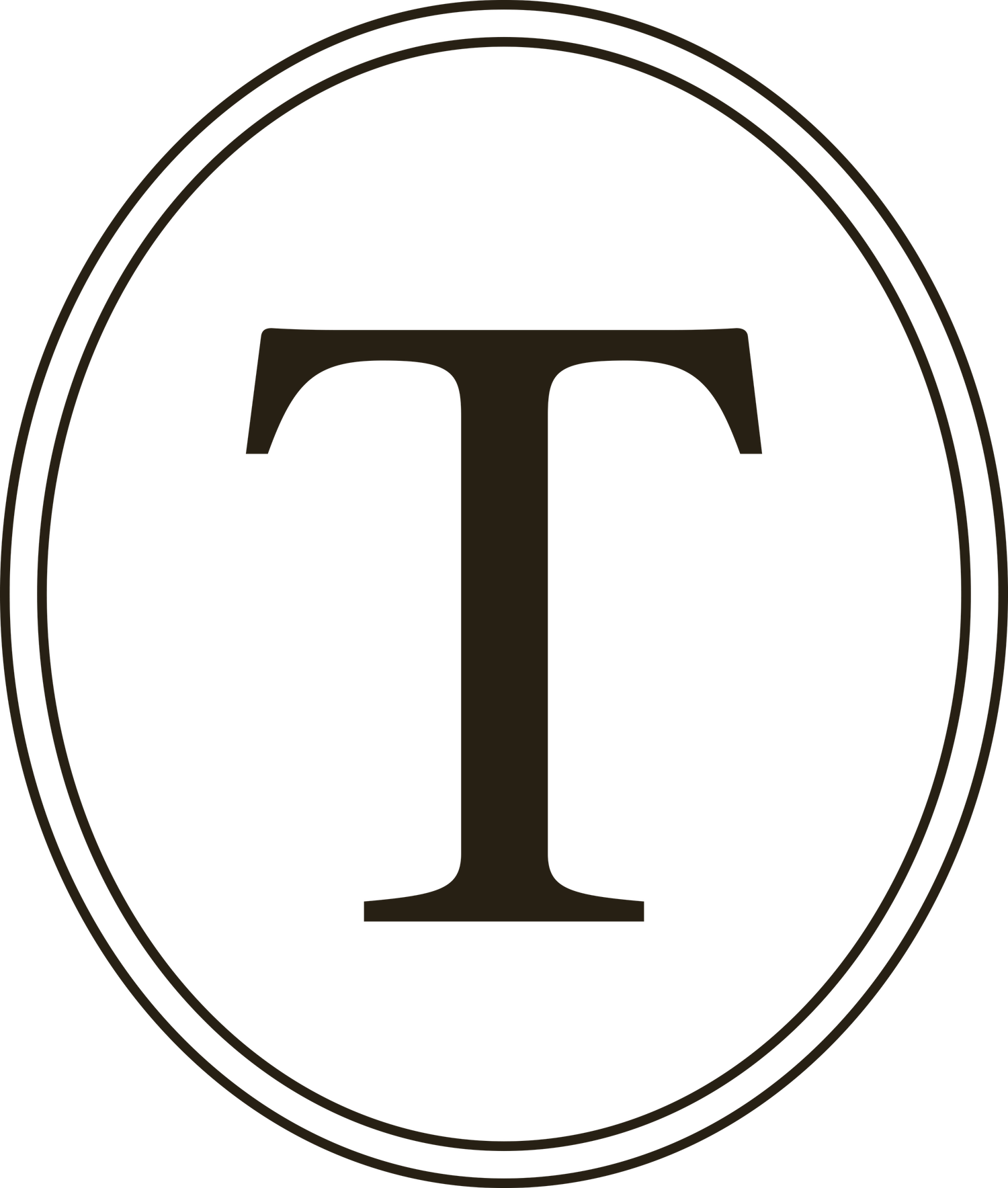 Elegant oval double-border logo featuring a bold serif letter T in dark brown, classic monogram emblem design.