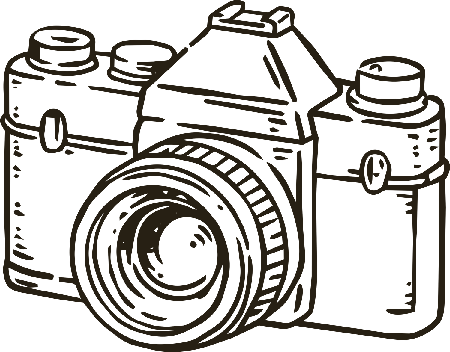 Black and white sketch illustration of a vintage 35mm film camera with detailed lens and classic body design.