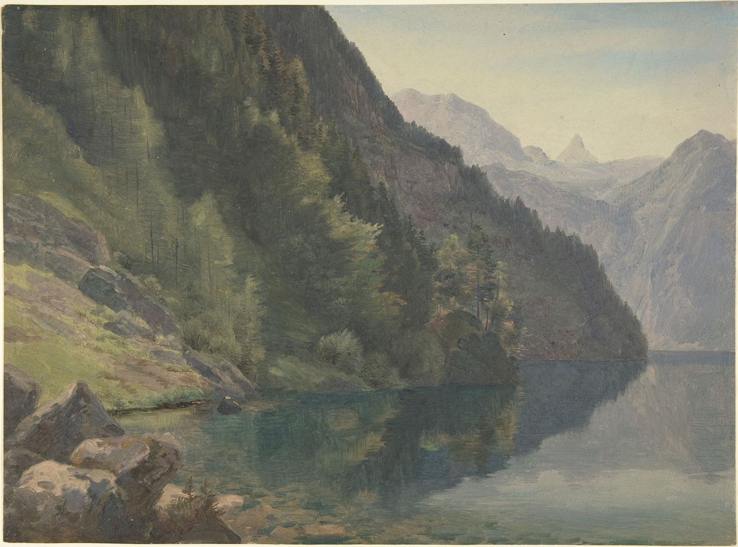Serene alpine lake painting with dense evergreen forests reflecting in calm water, rocky shores, and misty mountain peaks in background.