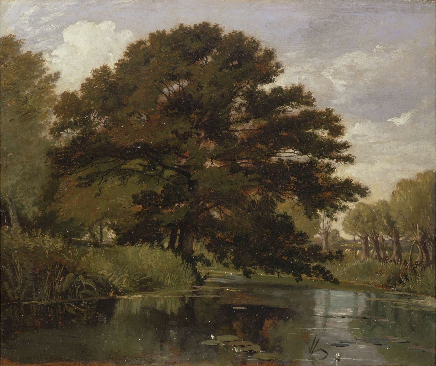 Oil painting of a large oak tree beside a tranquil pond, reflecting green foliage in a serene pastoral landscape.