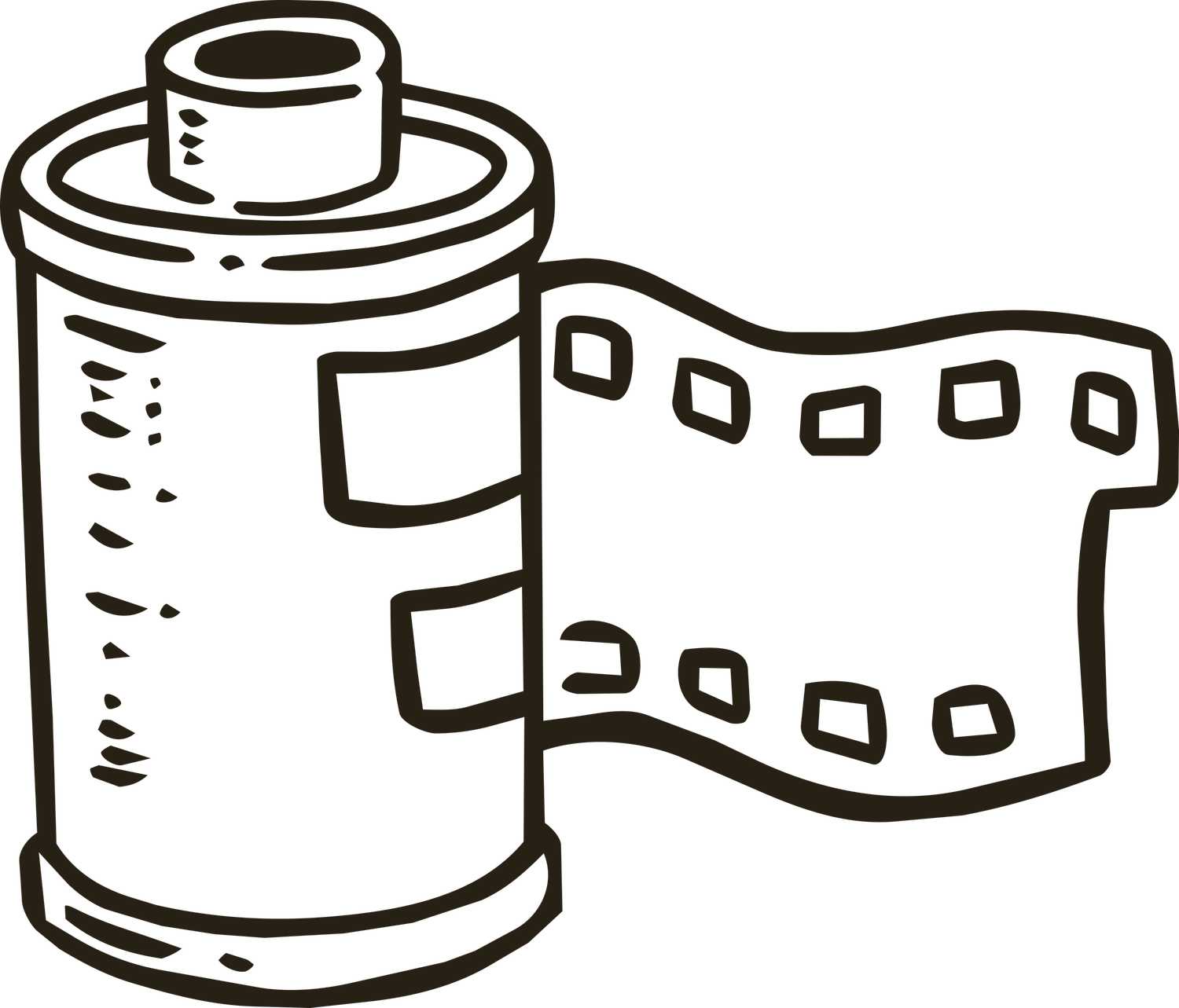 Black and white illustration of a 35mm film canister with film strip, classic photography icon clip art.