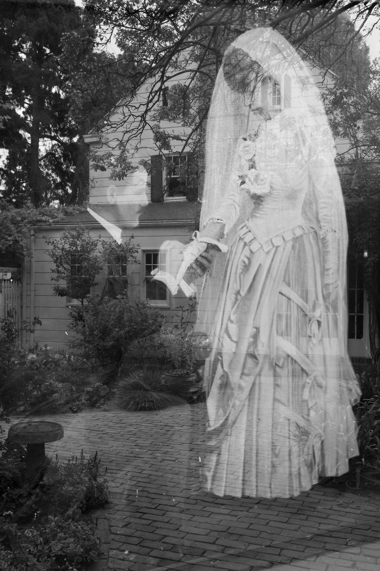 Black and white double exposure of Victorian bride in ornate gown and veil overlaid on garden scene.