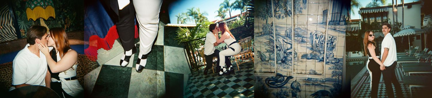 A collage of four film photos showing a couple in various romantic poses at colorful indoor and outdoor locations.