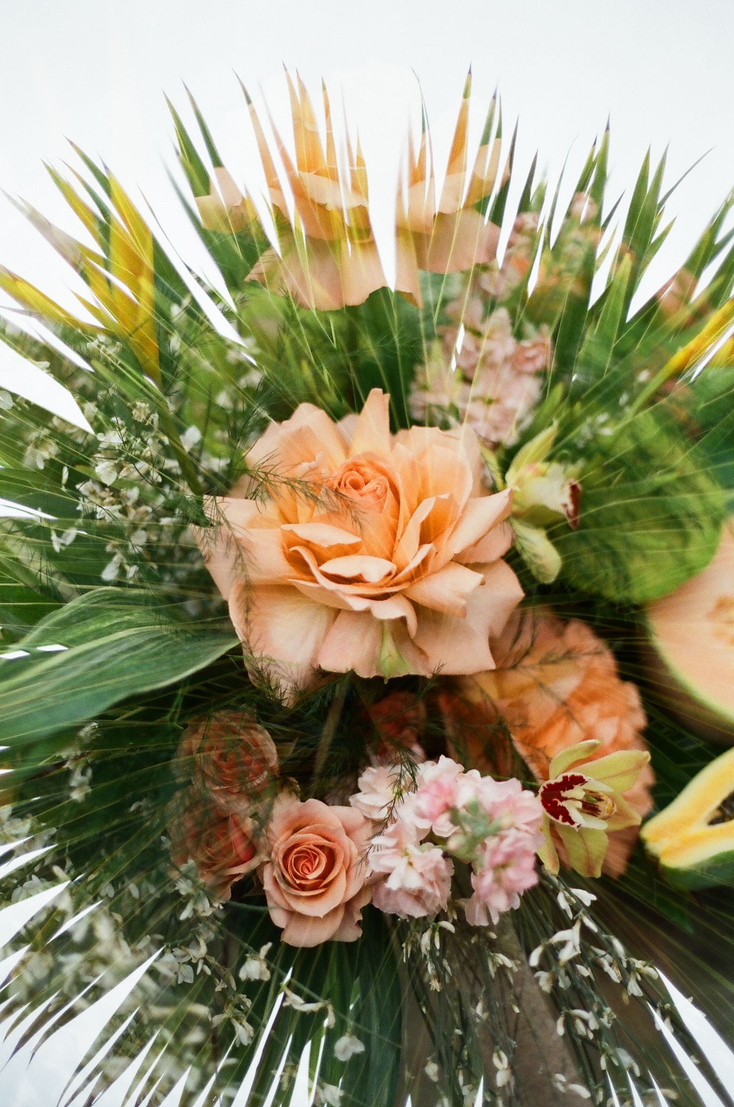 Lush bouquet featuring peach roses, baby's breath, and tropical palm leaves in soft focus.