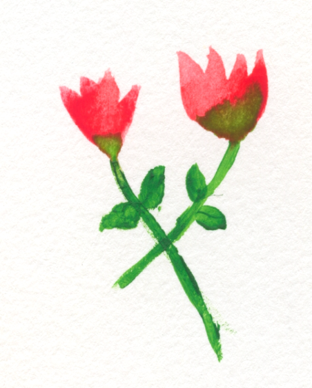 Watercolor painting of two red roses with green leaves and crossing stems on white paper.