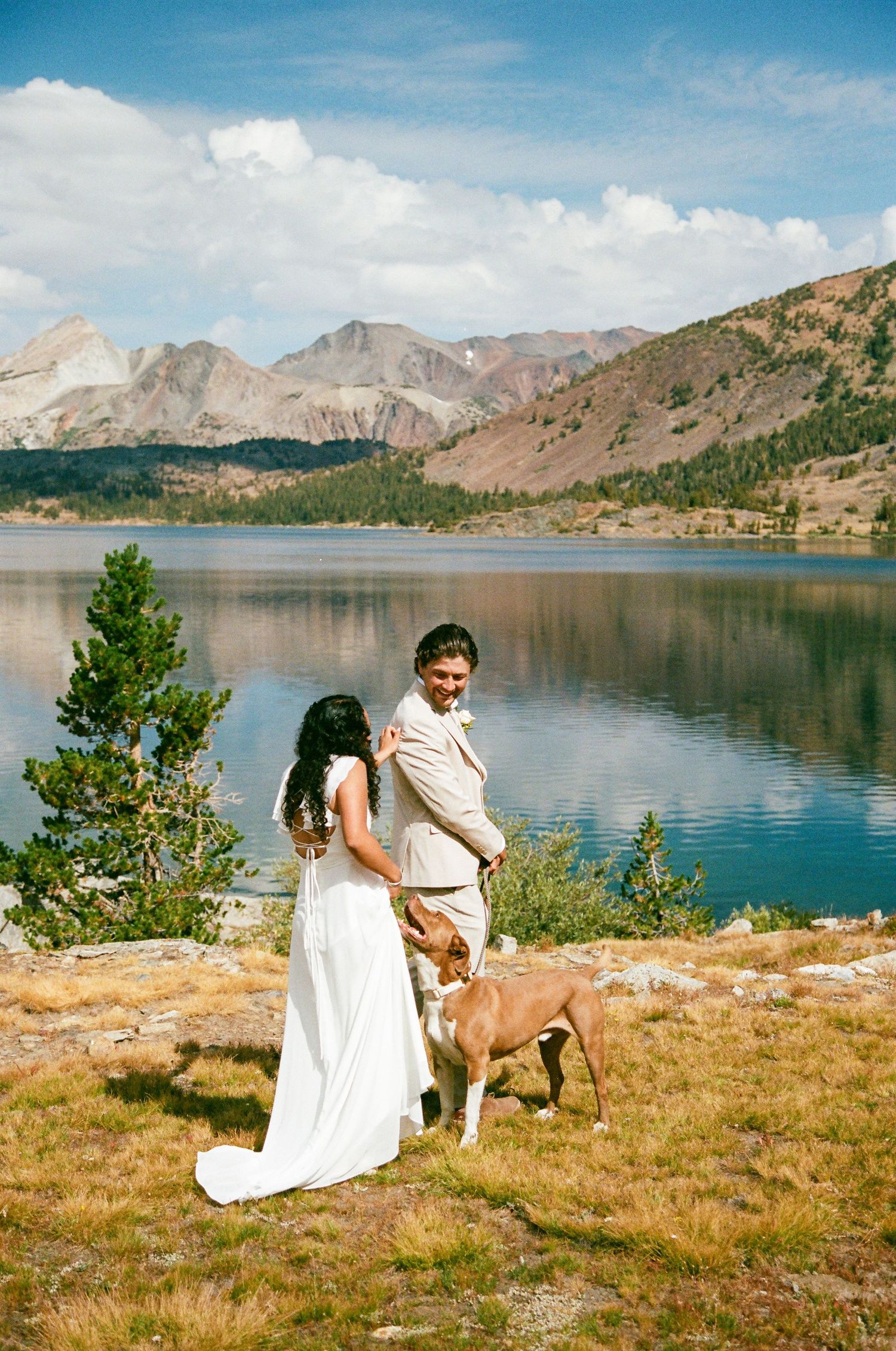 Bride and groom stand with their dog by a serene mountain lake under blue skies on their wedding day.