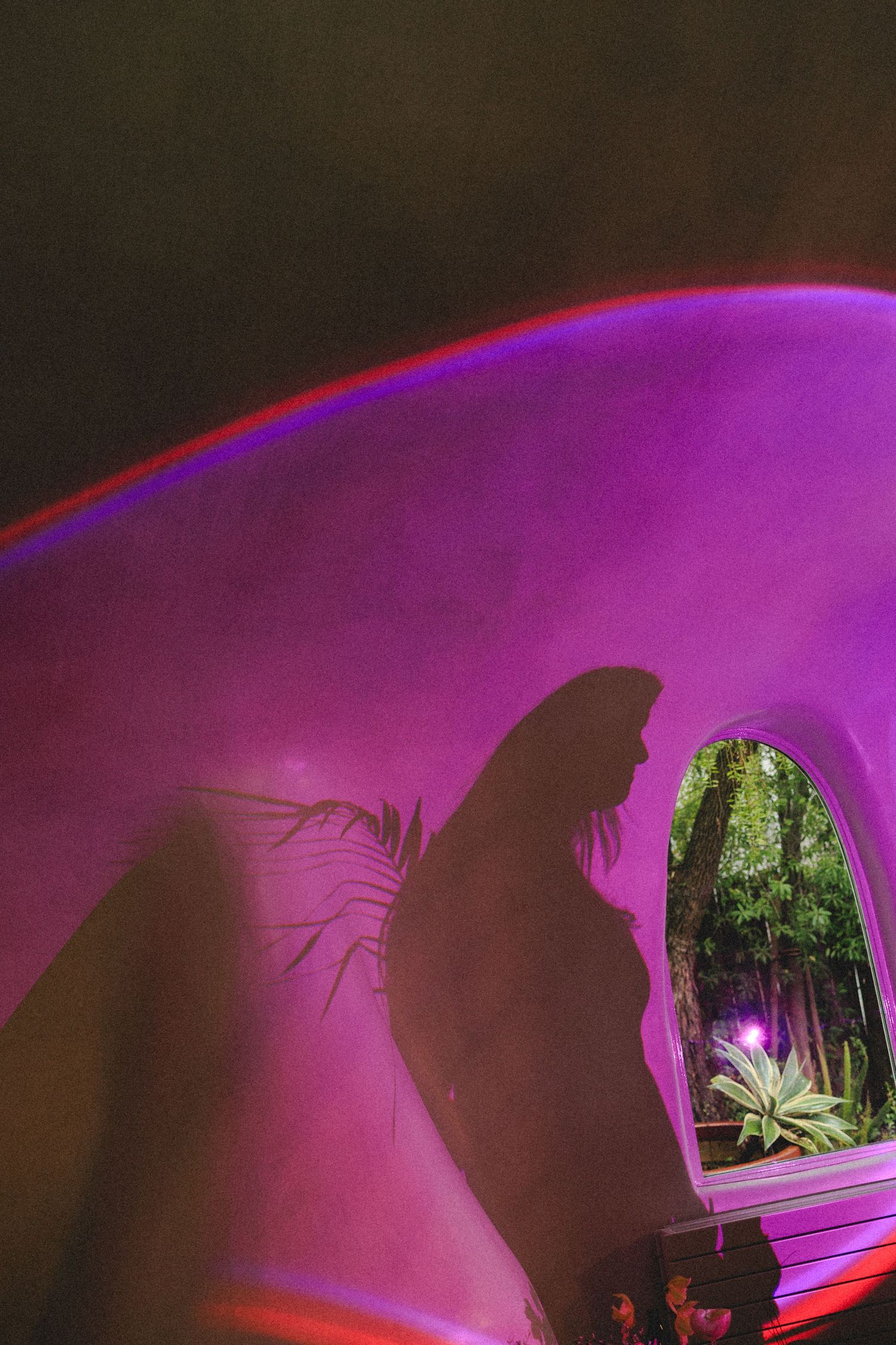 Silhouette of a woman cast on a curved purple-lit white wall with an arched window and plants.