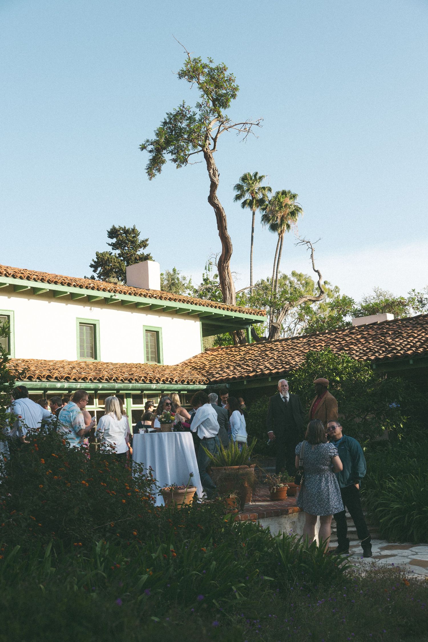 Guests mingle outdoors at a Spanish-style venue with terracotta roof, white walls, and palm trees during a garden party.