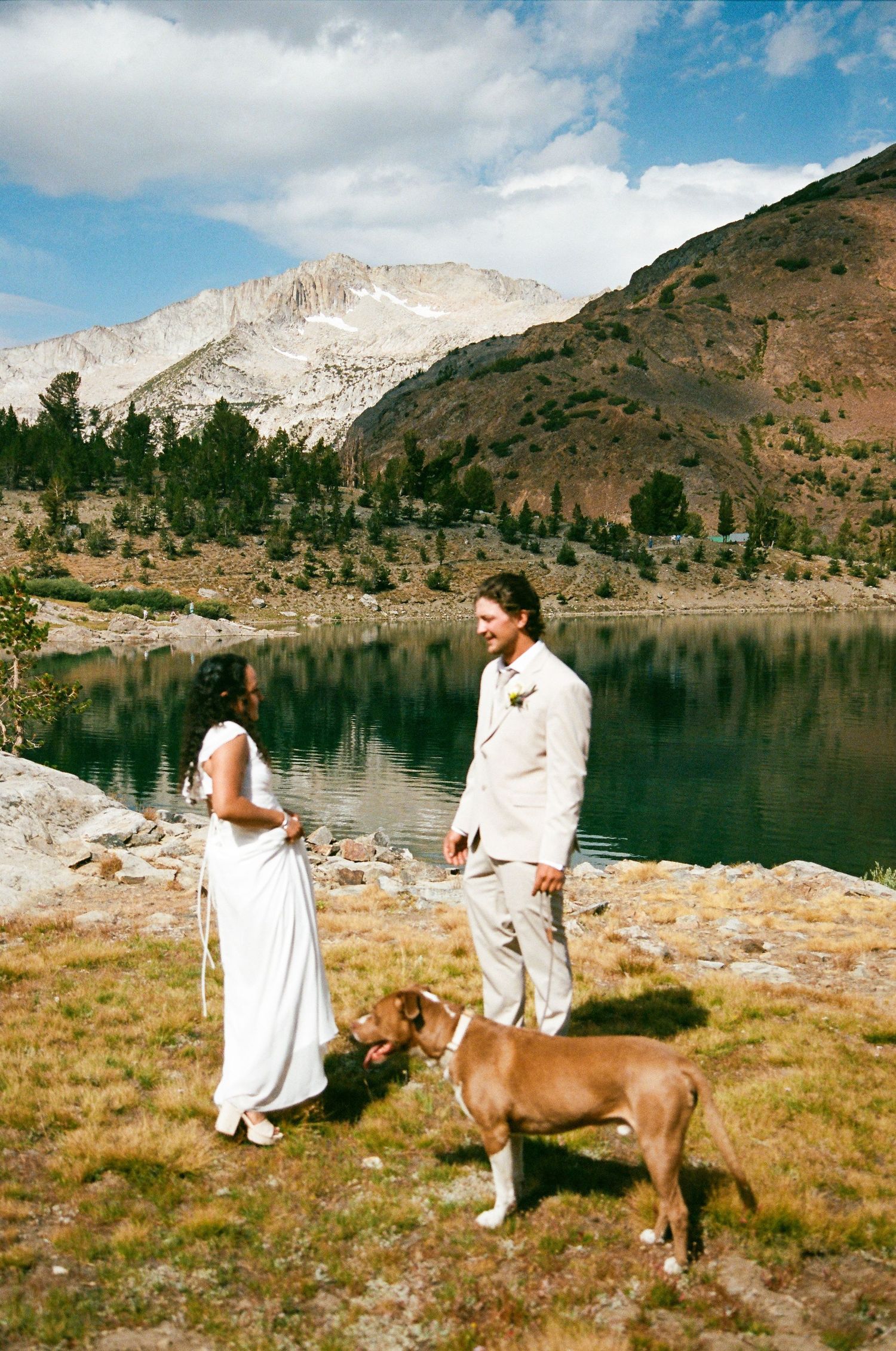 Couple in wedding attire standing by a mountain lake with a brown dog, surrounded by scenic alpine landscape.