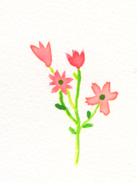 Watercolor illustration of pink tulips and wildflowers on a single green stem.