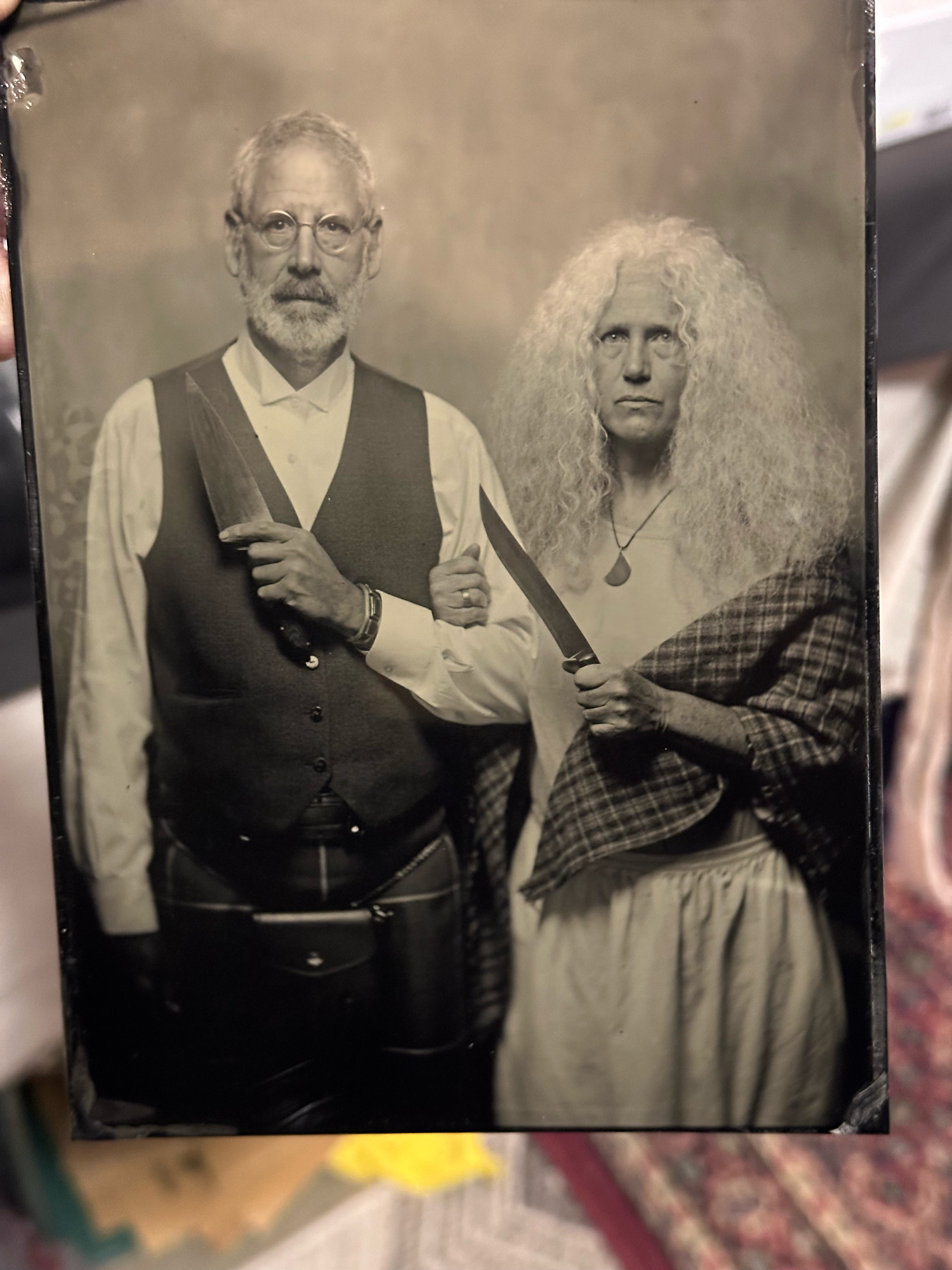 tintype portrait of master knife builder and his wife