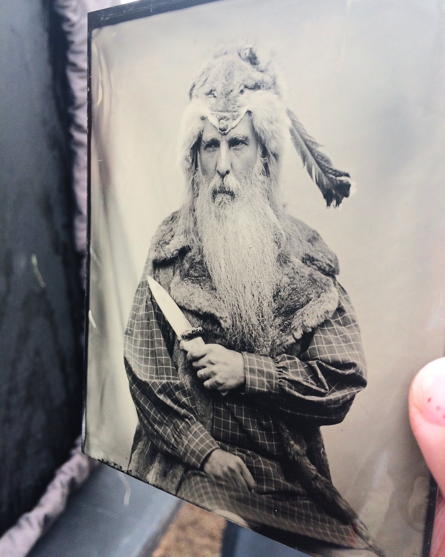 tintype image of rendezvous reenacted with fox hat