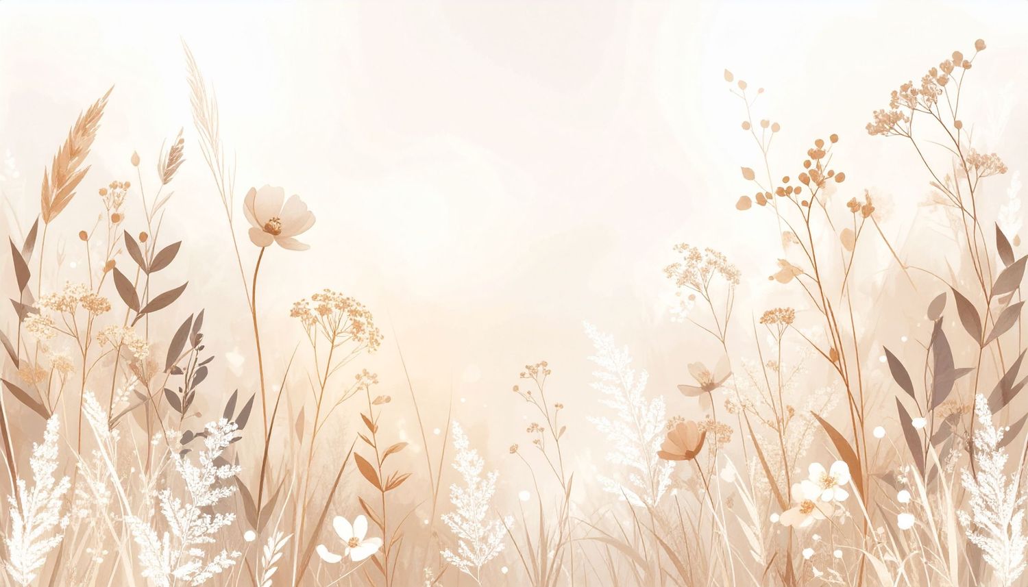 Soft watercolor illustration of wild flowers and grass silhouettes in beige and cream tones.
