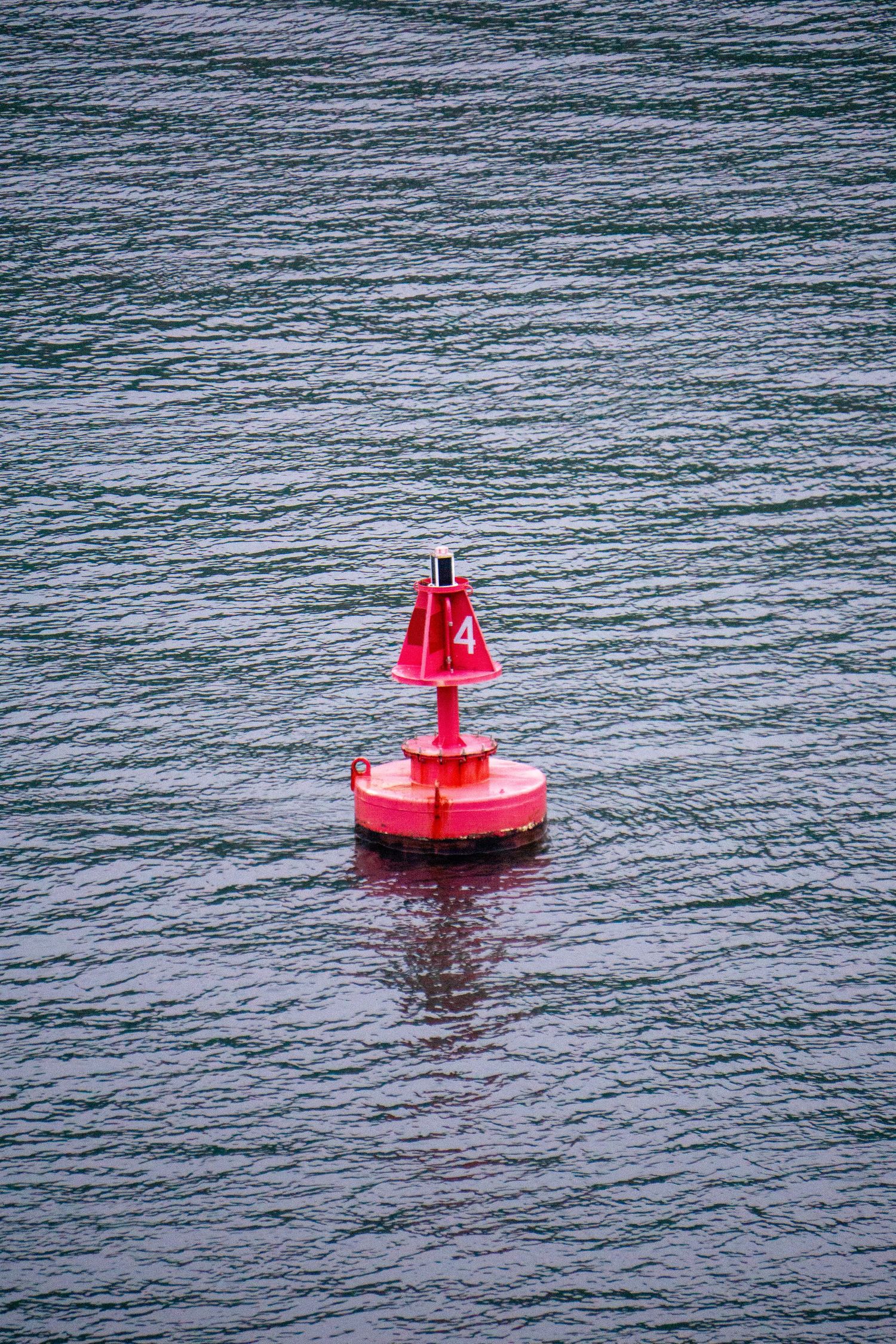 A bright red navigation buoy floats on rippled dark waters marking a maritime channel.
