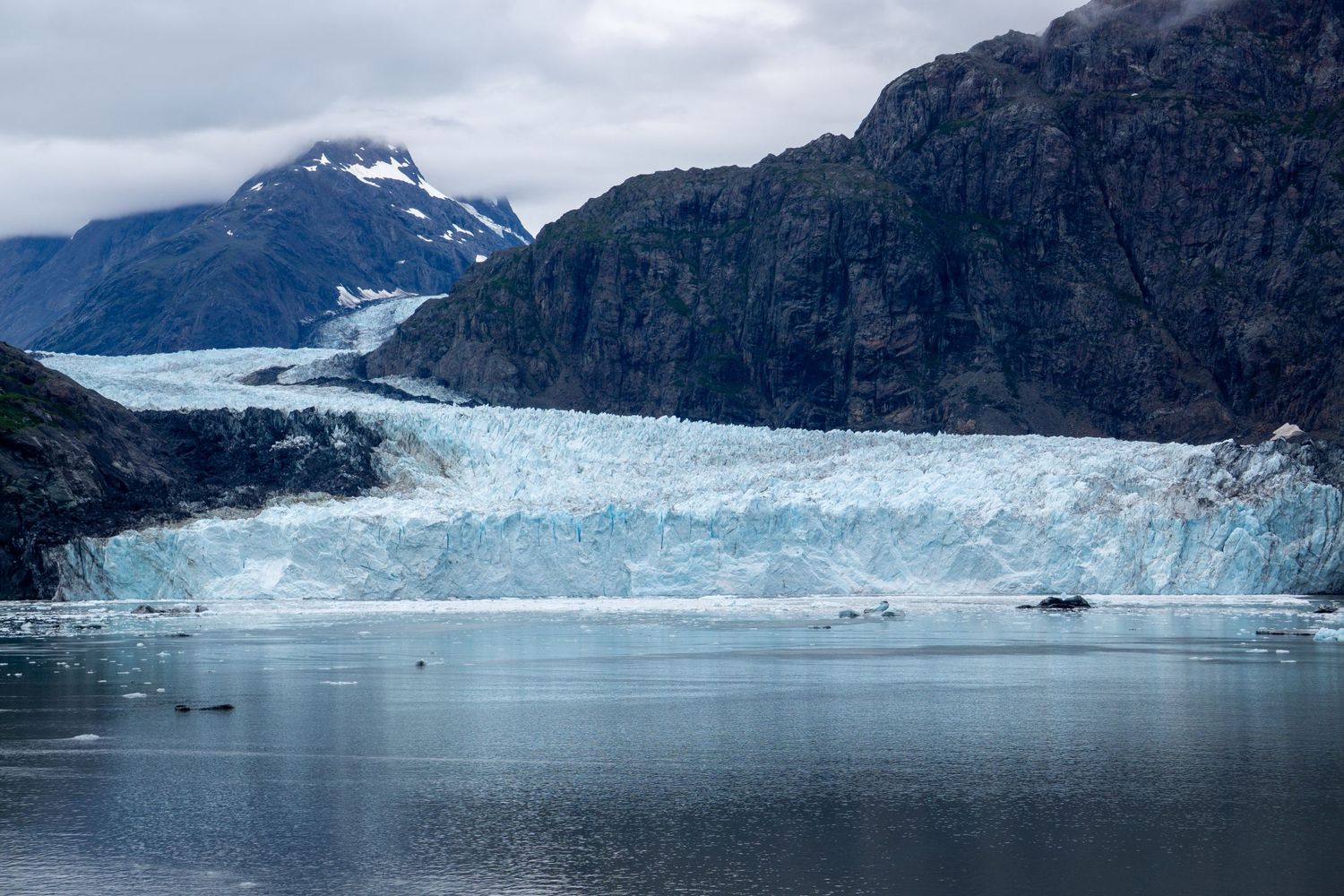 Massive glacier with blue ice flows into a calm fjord surrounded by steep mountain cliffs in Alaska.
