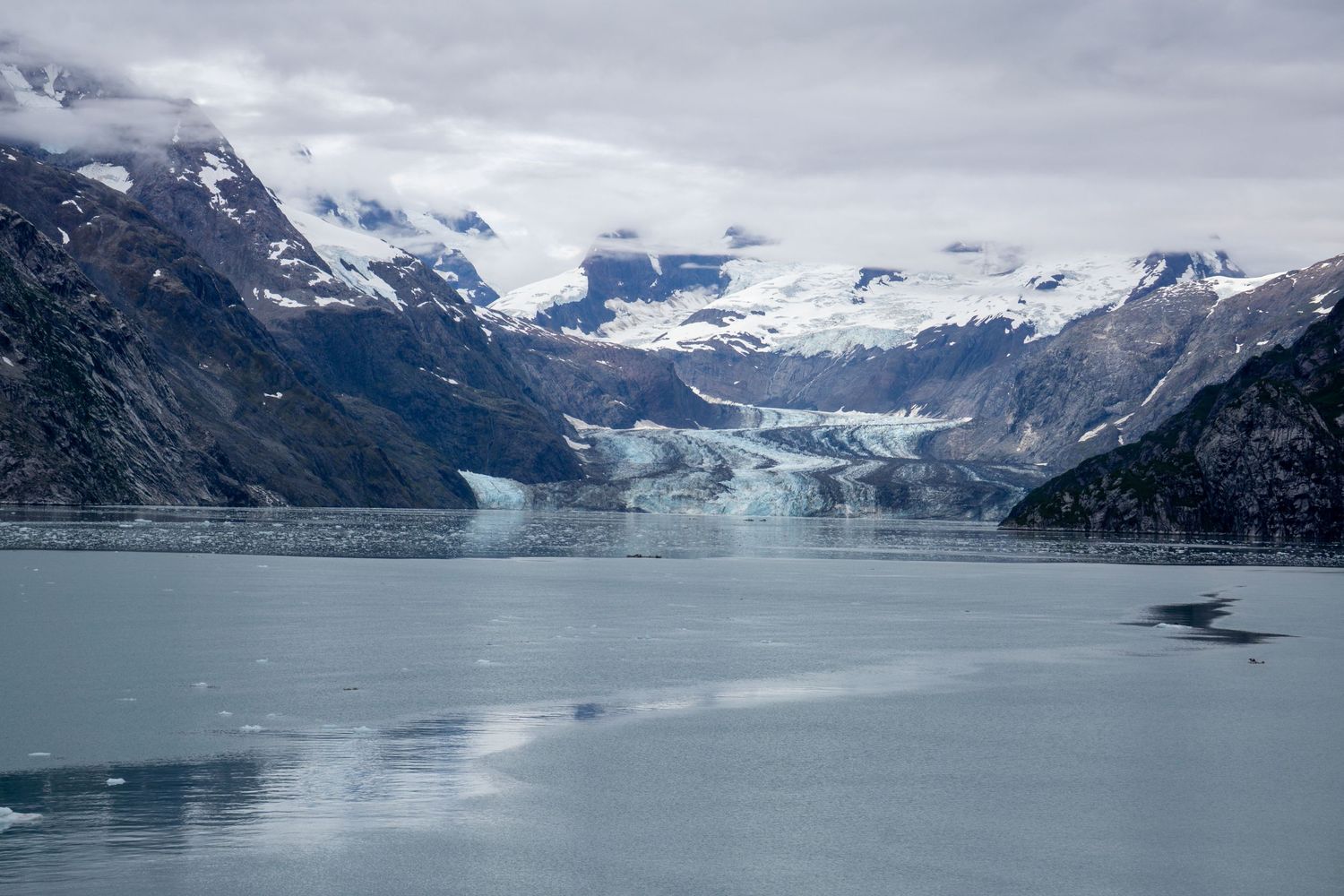 A sweeping view of a glacier terminus meeting the gray waters of an Alaskan fjord under cloudy skies.