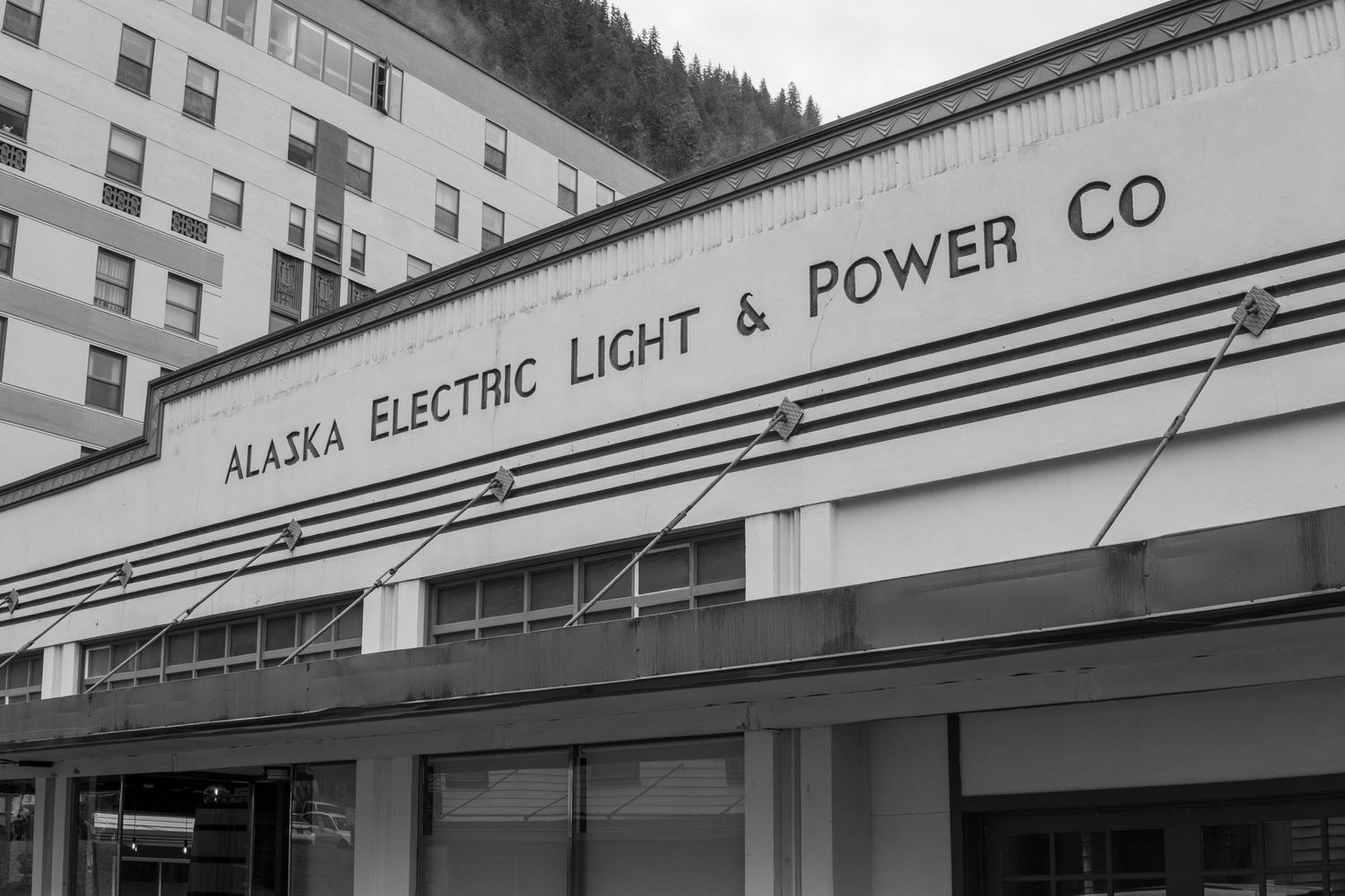 Black and white storefront of Alaska Electric Light & Power Company building.