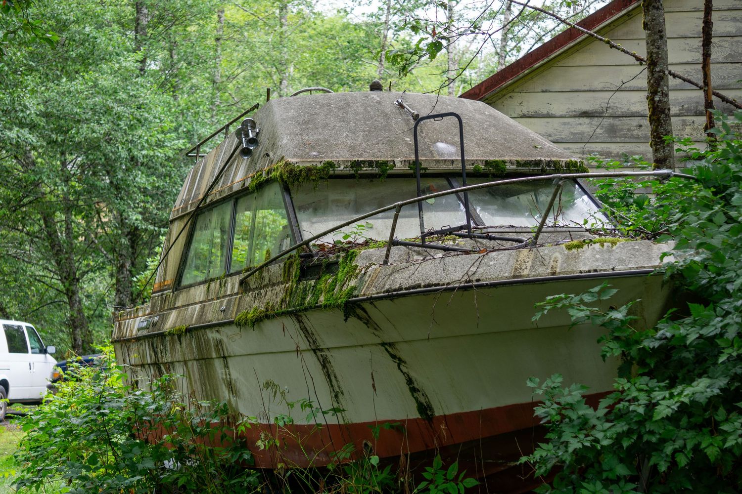 Abandoned boat overgrown with vegetation and moss in forest setting.