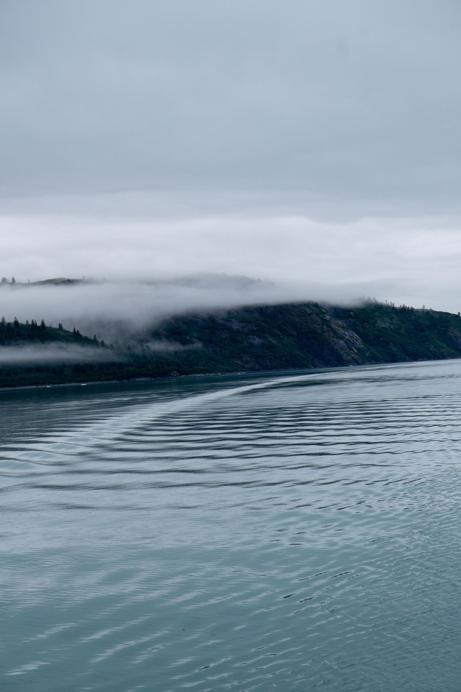 Fog-wrapped coastal mountains reflect in the rippling teal waters below.