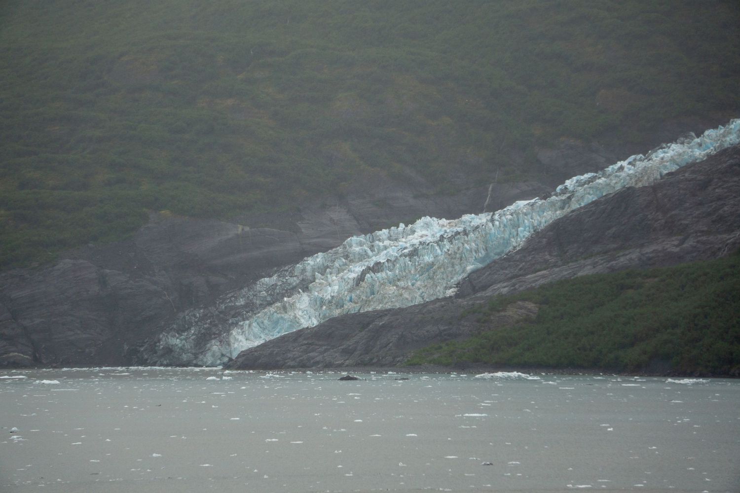A glacier tongue descends from mountain slopes into grey waters below.