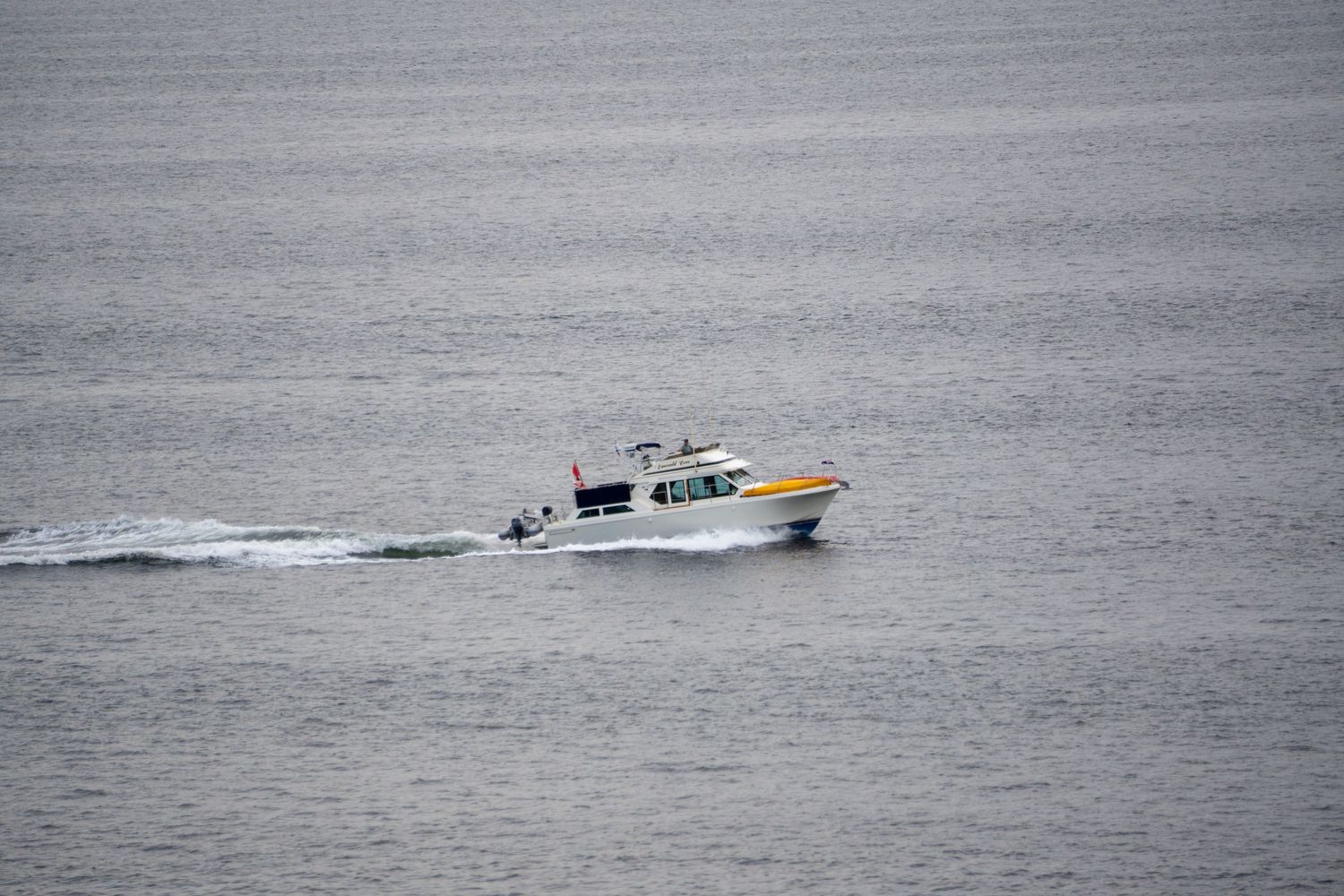 White and yellow fishing boat cruising across gray, Vancouver Harbour waters.