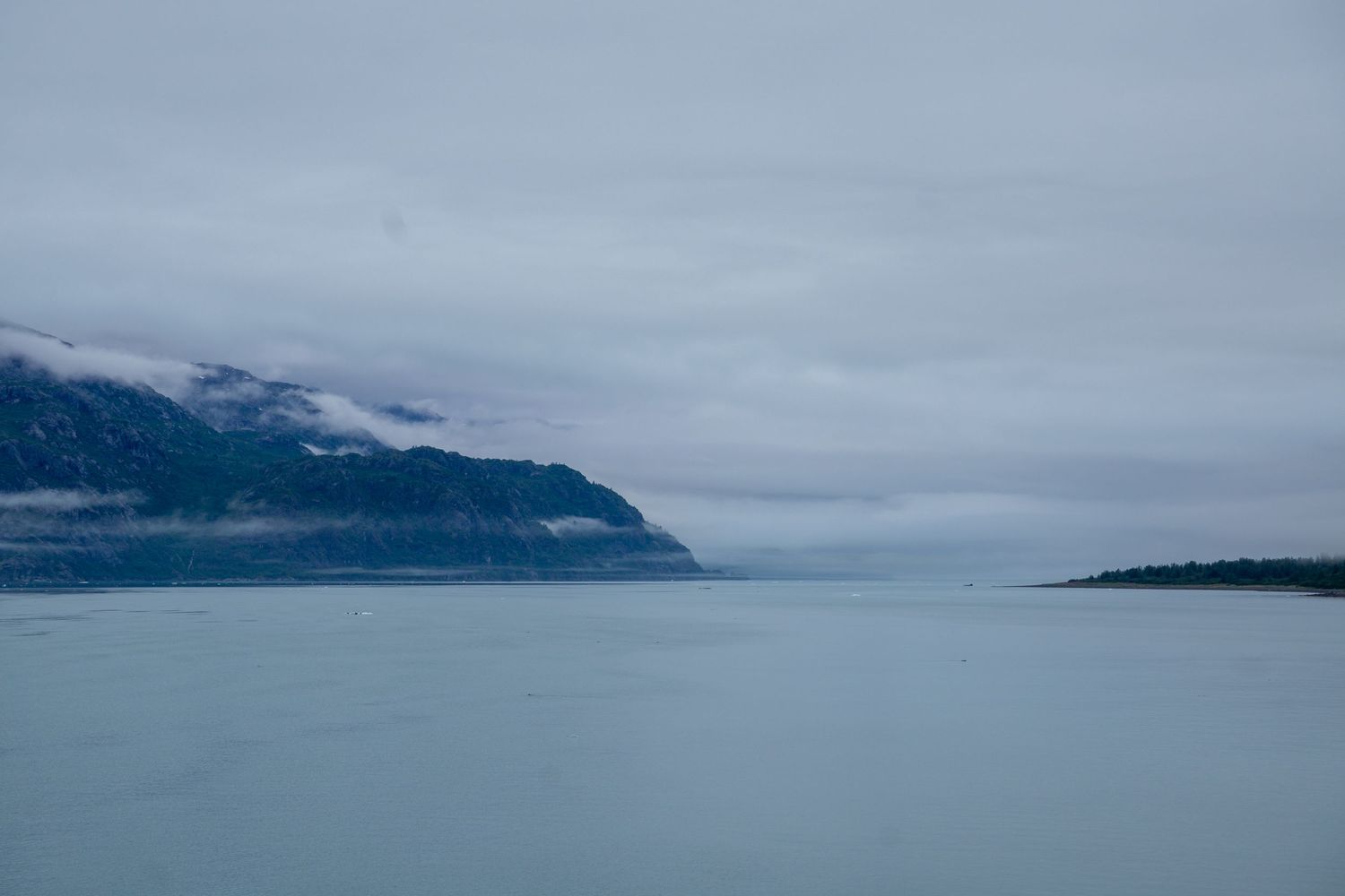 Mountainous coastline disappears into fog over calm waters on an overcast day.