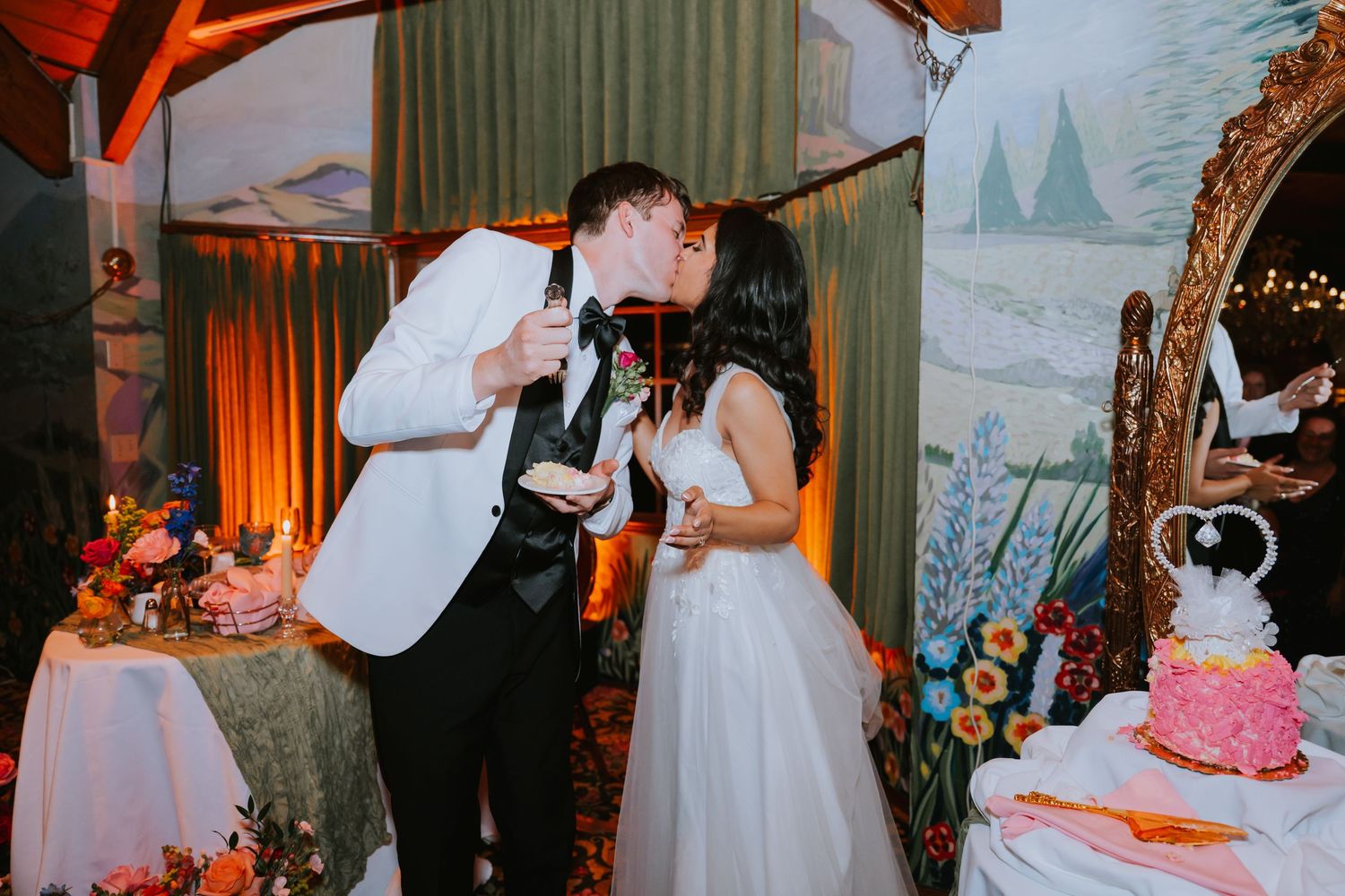 Wedding reception venue decorated with orange lighting and white decor elements shown in multiple angles.