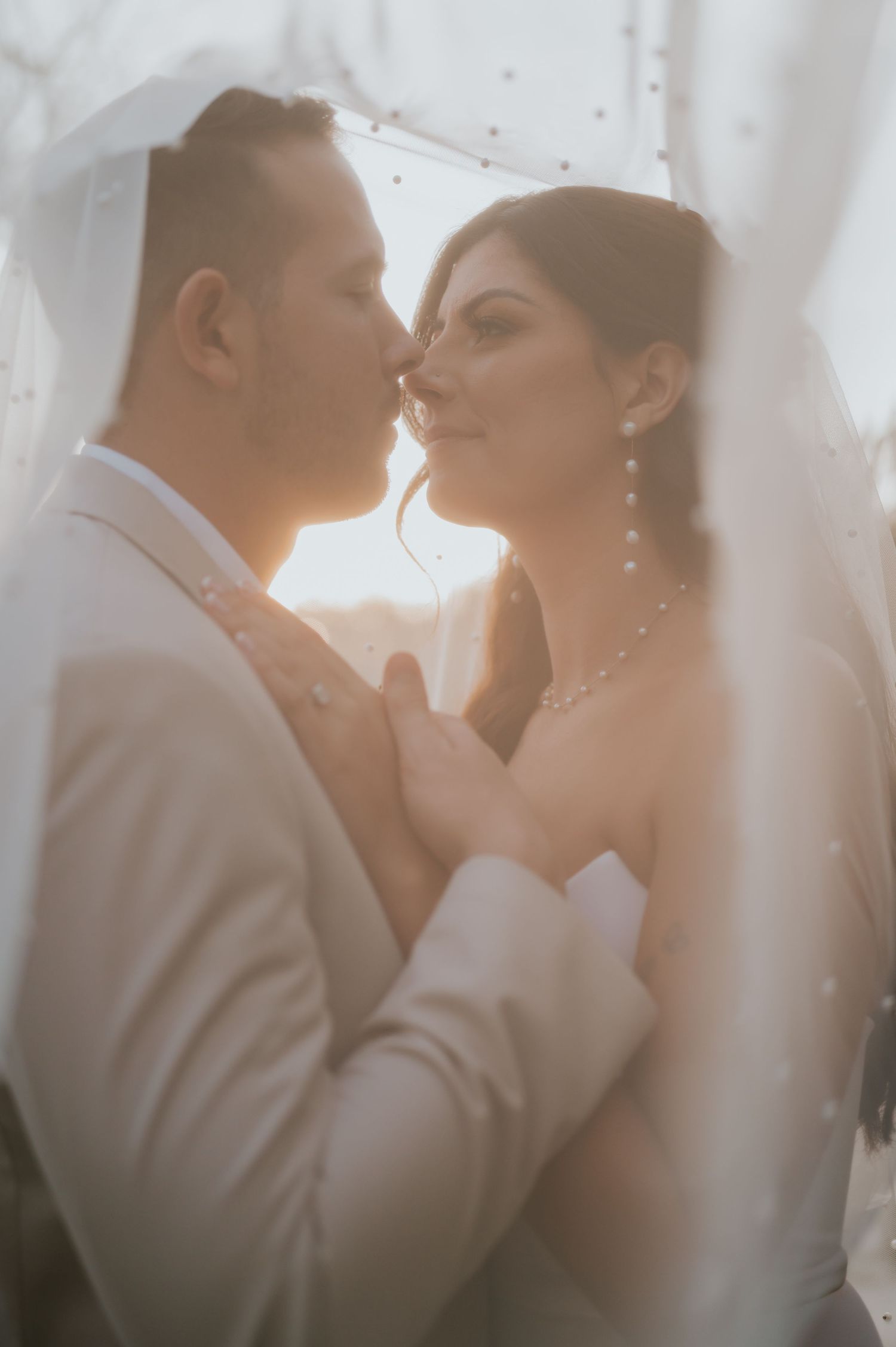 A romantic wedding couple shares intimate moments in soft sunlit portraits through a dreamy veil.