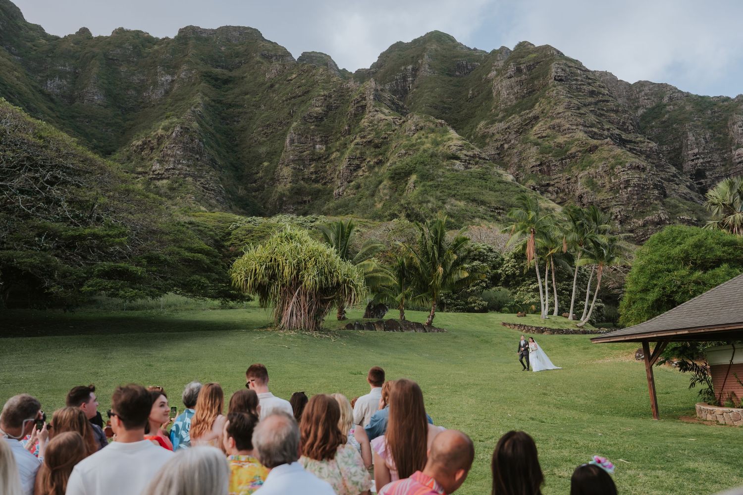 Wedding ceremony takes place outdoors with dramatic mountain peaks and lush greenery in the background at Kualoa Ranch.